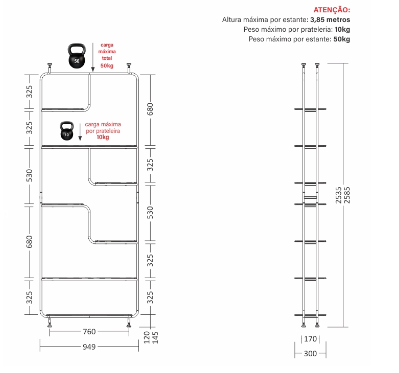 Estante Linha Pix - Larg. 0,95m × Prof. 0,30m × Alt. 2,58m