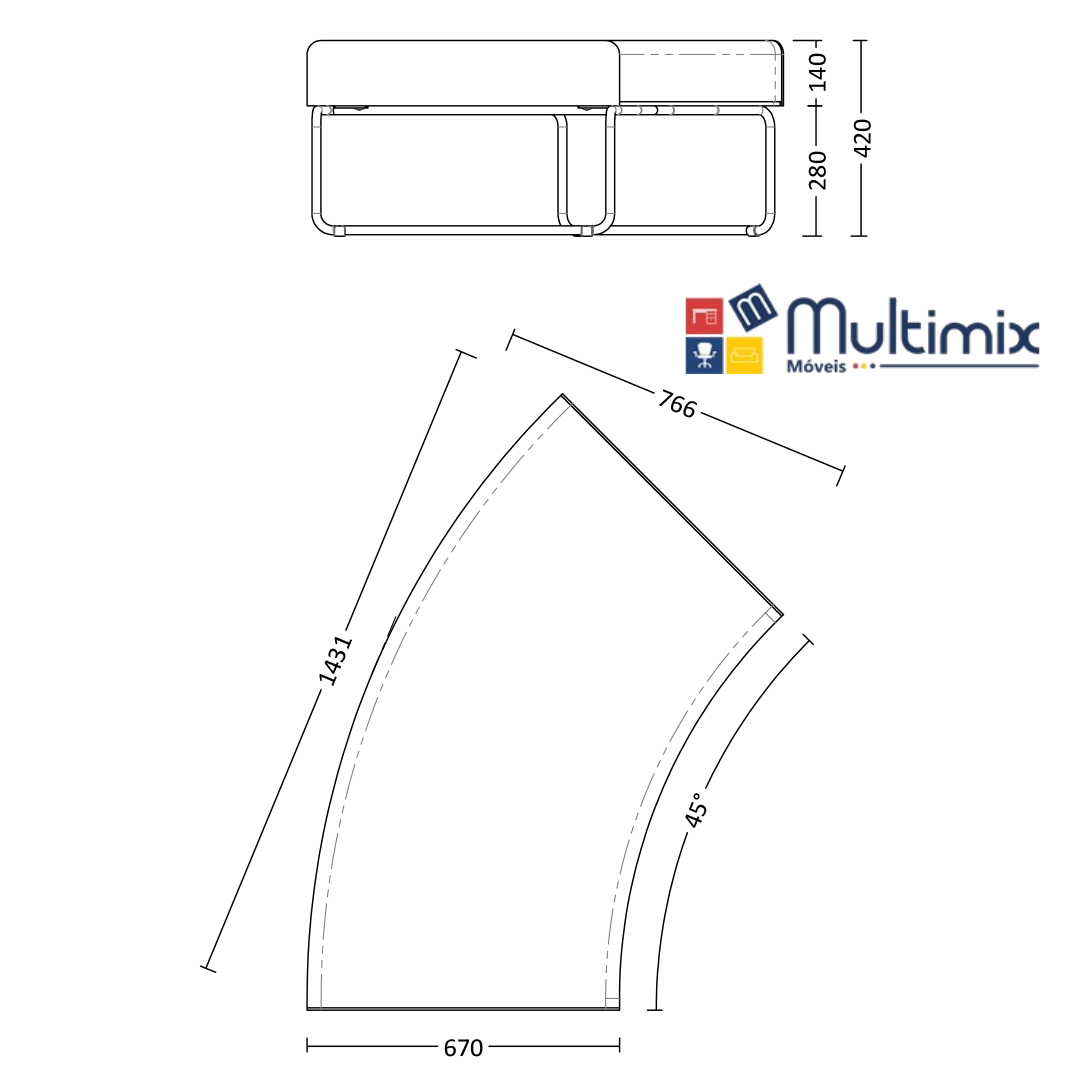 Sofá para recepção - Pix I Curvo Convexo 45º *Sem encosto